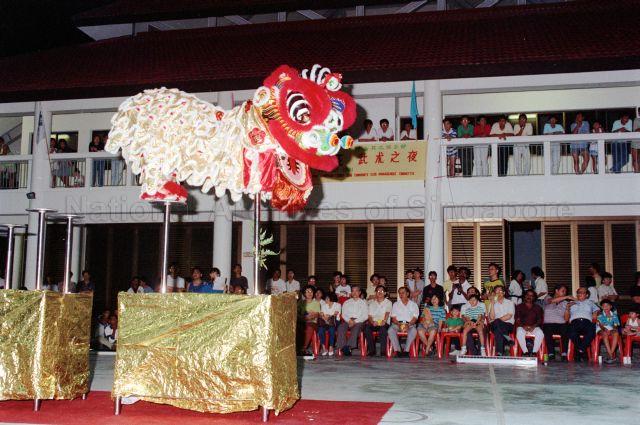 Martial Arts Nite at Cheng San Community Club - Chinese lion dance performance in the court.