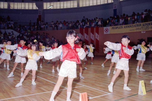 People's Association Kindergarten Telematch at Toa Payoh Sports Hall - Students performing in the hall.