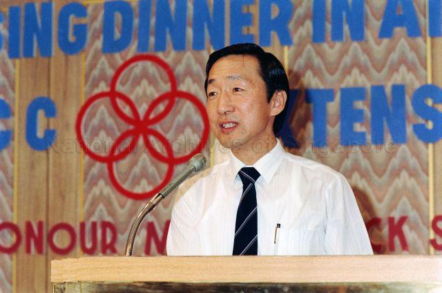 Fund Raising Dinner in aid of Bukit Timah CC Extension at Carlton Hotel - Member of Parliament Wang Kai Yuen delivering his speech.