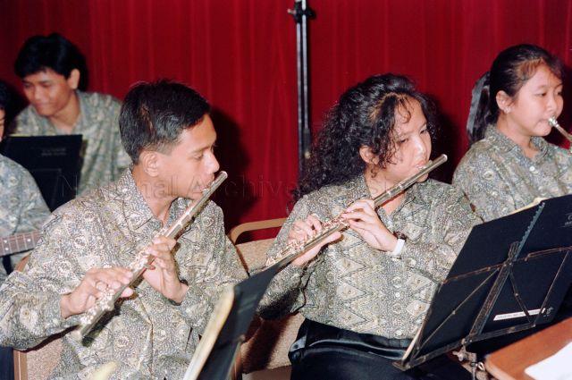 Official Press Launch of Orkestra Melayu Singapura at People's Association Auditorium - Malay orchestra performance on stage.