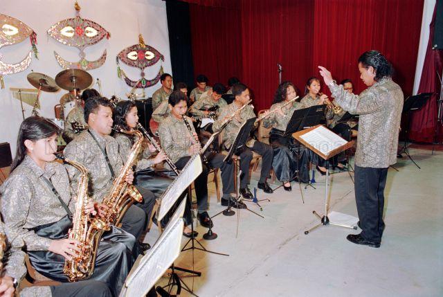 Official Press Launch of Orkestra Melayu Singapura at People's Association Auditorium - Malay orchestra performance on stage.