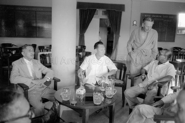 Prime Minister of Malaysia Tunku Abdul Rahman at the golf club, accompanied by Yang di-Pertuan Negara Yusof Ishak and Prime Minister Lee Kuan Yew