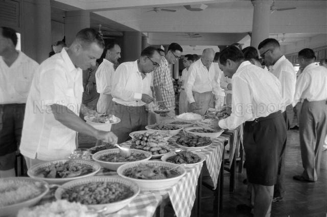 Deputy Prime Minister of Malaysia Abdul Razak Hussein at the meal reception, accompanied by Minister for Finance Goh Keng Swee and Minister for Education Yong Nyuk Lin