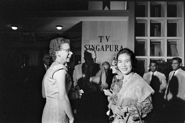 Opening of regular television service at Radio Television Singapura - Puan Noor Aishah with guests at the opening