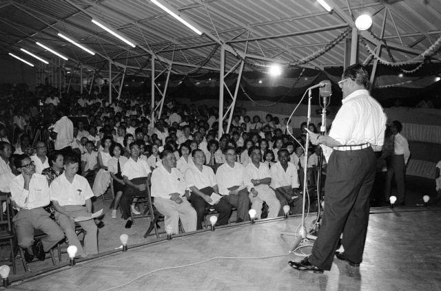 Opening of Mattar Integrated School - Mr. Ismail Rahim delivering a speech, with Parliamentary Secretary to Ministry of Education Lee Khoon Choy seated in the audience