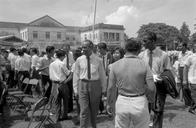Opening of Variety Welfare Carnival at Raffles Institution - Minister for Culture S. Rajaratnam touring the carnival
