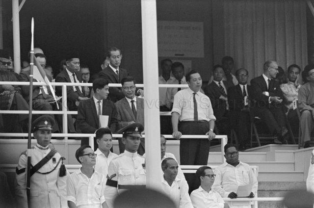 National Day - Minister for Education Yong Nyuk Lin, Minister for Culture S. Rajaratnam, Deputy Prime Minister Toh Chin Chye, Parliamentary Secretary for Home Affairs Chan Chee Seng, Parliamentary Secretary for Ministry of Finance S. Ramaswamy and Chief Justice Wee Chong Jin with officials and dignitaries at the City Hall steps