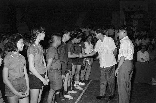 Table Tennis Tournament at Happy World - Minister for Education Yong Nyuk Lin shaking hands with contestants