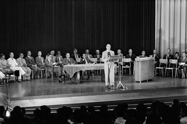 Singapore Polytechnic Graduation Ceremony - Officials delivering a speech, with Deputy Prime Minister Toh Chin Chye, Minister for Finance Goh Keng Swee and Minister for Education Yong Nyuk Lin seated on stage