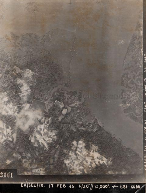 Aerial photograph showing part of Sungei Seletar where it narrows. The small island in the top left is Pulau Seletar Mati. The small tributary coming off the left of the river is Sungei Golek Lentang.