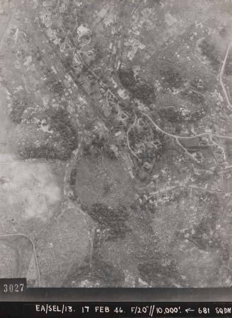 Aerial photograph showing Mount Pleasant Road area, where some of the final battles before the surrender of Singapore were fought on the morning of 15 February 1942. On left is Bukit Brown Cemetery and on right is Kopi Sua/Whitley Road cemetery. Also visible is the camouflage-painted roof of Mount Pleasant Road House No. 159.