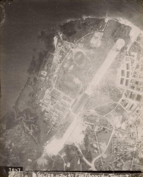 Photograph shows Seletar airbase, with Sungei Seletar on the left. The small, intricate swamp river inlet system on the bottom left is Sungei Pinang.