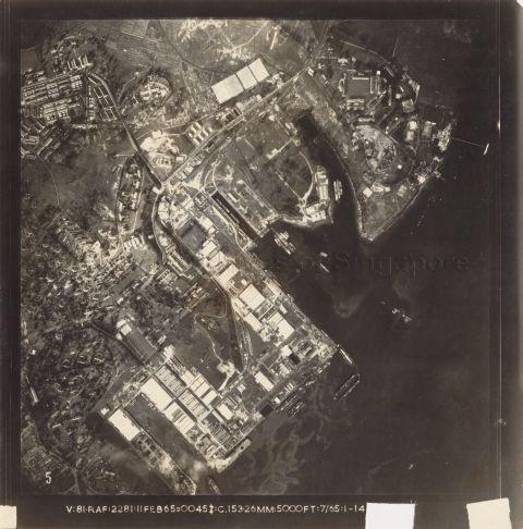 Aerial view of Sembawang Naval Base with King George VI Dock and the former estuary of the Sungei Sembawang visible