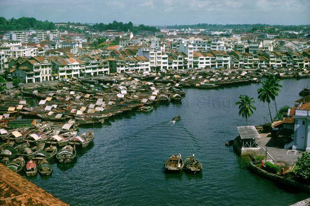Aerial view of Boat Quay, along Singapore river with tongkangs and godowns in the background