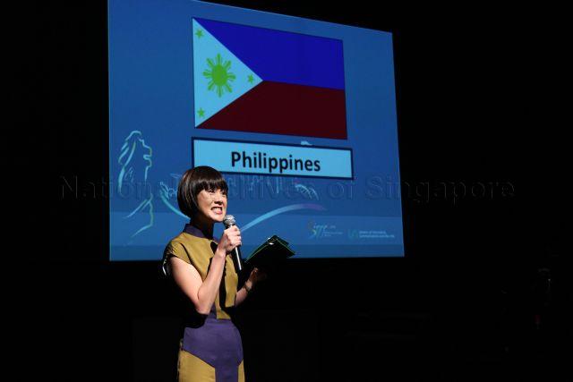 Emcee introducing performers at gala show held at Gallery Theatre, National Museum of Singapore, during launch of ASEAN Festival of the Arts