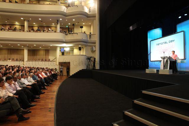 Senior Minister of State for Education and Information, Communications and the Arts Lawrence Wong addressing the audience during National Day Rally at University Cultural Centre, National University of Singapore in Kent Ridge