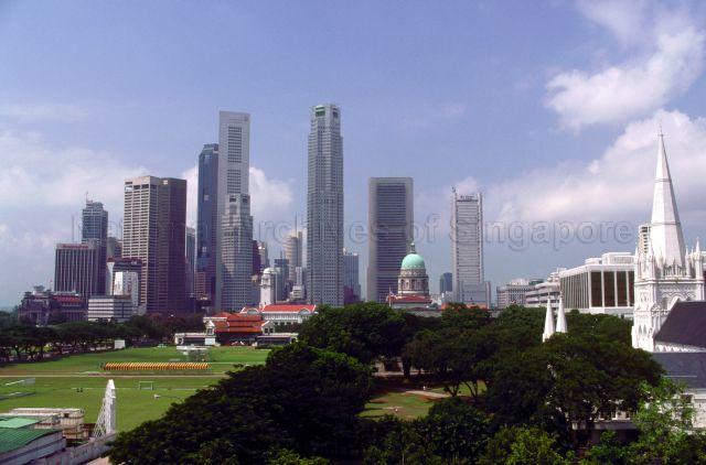 View of Padang, buildings around City Hall, and skyscrapers in the Central Business District