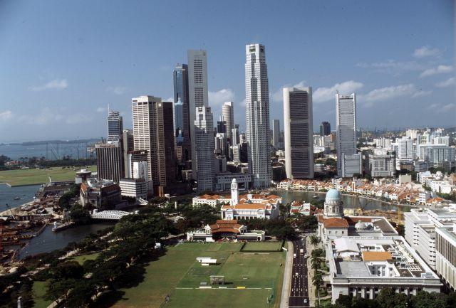 View of Padang, buildings around City Hall, and skyscrapers in the Central Business District