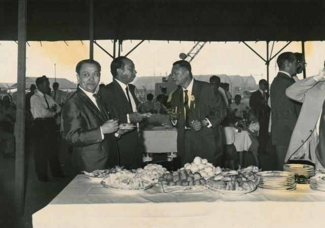 (From left) Vice-Chairman and Managing Director of Overseas Union Bank George Lien Ying Chow, Minister of Finance Dr Goh Keng Swee and Assistant Managing Director I T Tan of National Iron and Steel Mills Limited at the reception during opening of the iron and steel mill in Jurong Industrial Estate