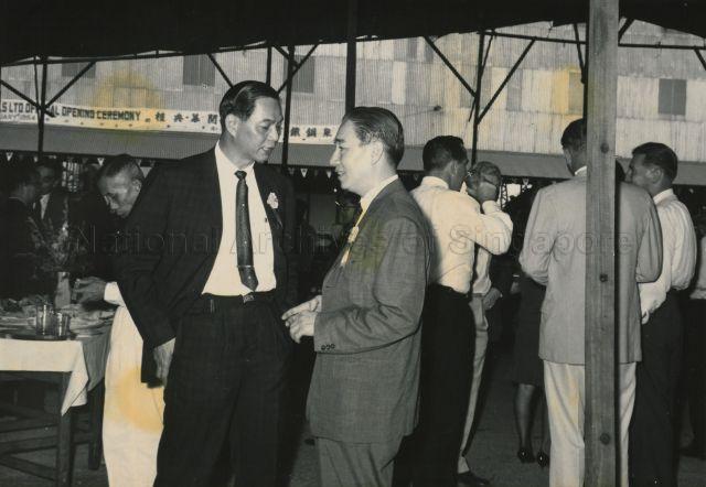 Chairman Soon Peng Yam (left) and Managing Director Tan Keong Choon of National Iron and Steel Mills Limited at the reception during opening of the iron and steel mill in Jurong Industrial Estate