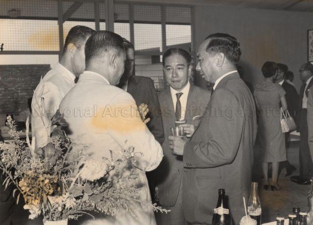 Minister of Finance Dr Goh Keng Swee and Managing Director Tan Keong Choon of National Iron and Steel Mills Limited with guests at the reception during opening of a new steel rerolling plant and ship-breaking yard for $50 million factory at 7 milestone, Jurong Industrial Estate