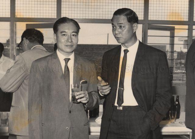 Chairman Soon Peng Yam and Managing Director Tan Keong Choon of National Iron and Steel Mills Limited at the reception during opening of a new steel rerolling plant and ship-breaking yard for $50 million factory at 7 milestone, Jurong Industrial Estate