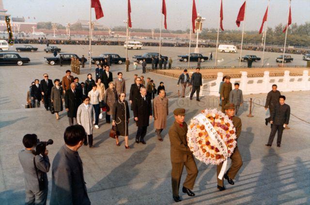 Singapore delegation led by Prime Minister Lee Kuan Yew at wreath laying ceremony at Monument of the People's Heroes in Tiananmen Square, Beijing, during a two-week visit to China