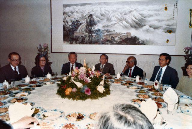 Chinese Vice-Foreign Minister Han Nianlong hosting dinner for visiting Singapore delegation led by Prime Minister Lee Kuan Yew at Peking Duck Restaurant in Beijing during a two-week tour of China
