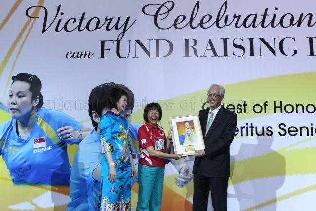 (From left) Singapore Table Tennis Association (STTA) Honorary President Violet Lee, STTA President Lee Bee Wah and Emeritus Senior Minister Goh Chok Tong at the Victory Celebration cum Fundraising Dinner of STTA held at Shangri-La Hotel