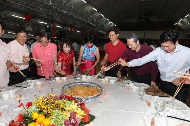 Taken at: Tanjong Pagar GRC and Radin Mas SMC Lunar New Year Celebration Dinner 2013 at Gan Eng Seng Secondary School Pictured: Acting Minister for Community Development, Youth and Sports and Senior Minister of State for Defence Chan Chun Sing, Senior Minister of State for Law and Education Indranee Rajah, Senior Parliamentary Secretary for Foreign Affairs Sam Tan and Tanjong Pagar GRC Member of Parliament Lily Neo