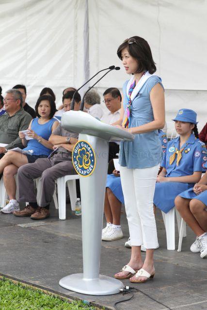 Girl Guides Singapore President Joy Balakrishnan making a speech at Girl Guides World Thinking Day at Gardens by the Bay. First Lady Mrs Mary Tan is guest of honour at the event.