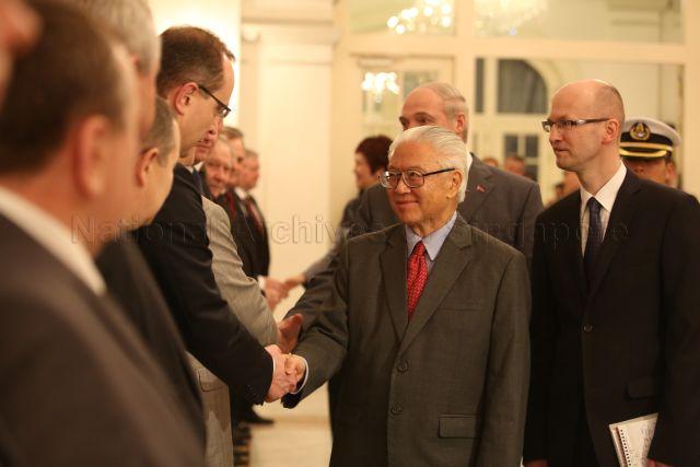 Singapore President Tony Tan Keng Yam greeting guests at welcome ceremony for President Aleksandr Lukashenko (standing behind President Tan) of the Republic Of Belarus at Istana