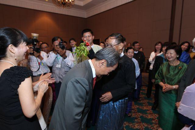 Singapore Ambassador to Myanmar Robert Chua (centre) attending dinner hosted by HE U Ye Myint (behind Ambassador Chua), Chief Minister of Mandalay Region, for President Tony Tan at Amanpura Ballroom Foyer, Sedona Hotel Mandalay