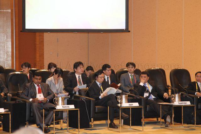 Minister of Transport and Communication of Maldives Ameen Ibrahim (first from left) and delegates from Japan and Kazakhstan attending 9th Ministerial Forum on ICT 2013 held at Marina Bay Sands