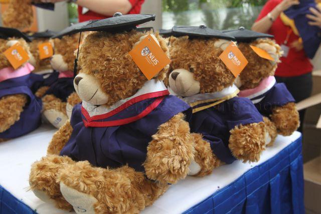 National University of Singapore (NUS) graduation bears on display during NUS Main Commencement ceremony at NUS University Cultural Centre