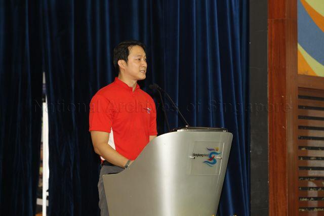 Member of Parliament (MP) for Sengkang West Single Member Constituency Lam Pin Min (center) on stage to give opening speech during Sengkang West National Day Sports Carnival 2013 held at Anchorvale Community Club