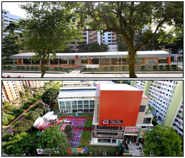 Photo of the old Pek Kio Community Centre (CC) building (on top) located at 97 Cambridge Road. Below is a photo of the new Pek Kio CC building located at 21 Gloucester Road.
