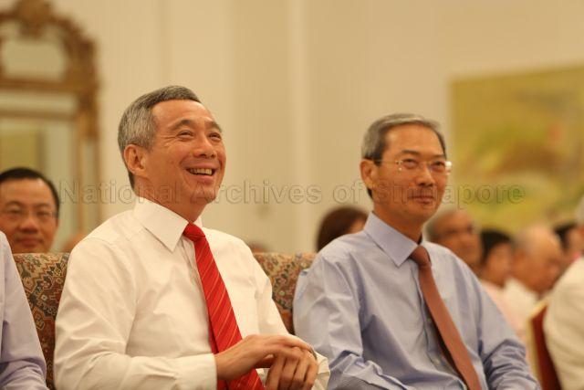 Prime Minister Lee Hsien Loong and Singapore Press Holdings (SPH) Chairman Dr Lee Boon Yang at the launch of former minister mentor Lee Kuan Yew's new book "One Man's View of the World", held at Istana
