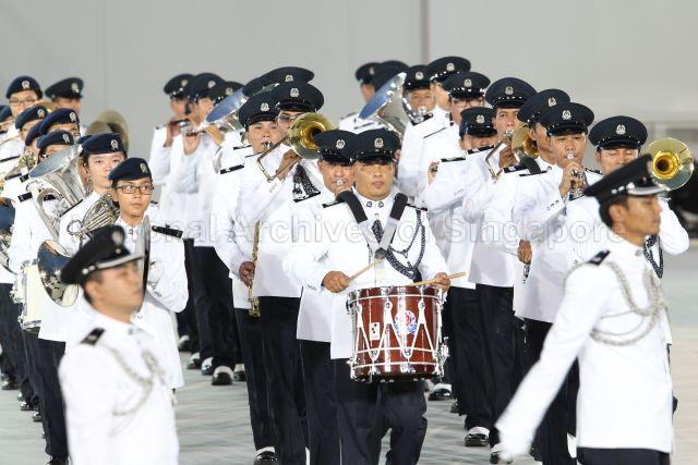 The Singapore Police Force band is performing at National Day Parade 2013 at the Float @ Marina Bay.