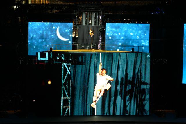 Local theatre actor Ramesh Meyyappan performing at National Day Parade 2013 at the Float @ Marina Bay.