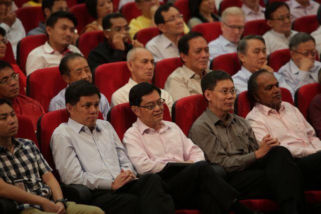 Minister for Foreign Affairs and Law K Shanmugam (front row, right), Minister for Transport Lui Tuck Yew, Minister for Education Heng Swee Keat and Acting Minister for Social and Family Development and Senior Minister of State for Defence Chan Chun Sing (front row, second from left) at National Day Rally held at the auditorium, Institute of Technical Education (ITE) headquarters and College Central in Ang Mo Kio