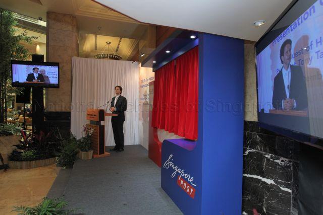Singapore Post Group CEO Dr Wolfgang Baier delivering his speech during Singapore Post "Gift to the Nation" presentation ceremony, held at Heritage Gallery of Fullerton Hotel.
