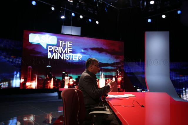 Mediacorp Editor-in-Chief Walter Fernandez, preparing for a live English Forum-"Ask the Prime Minister" featuring Prime Minister Lee Hsien Loong, at Mediacorp TV theatre.