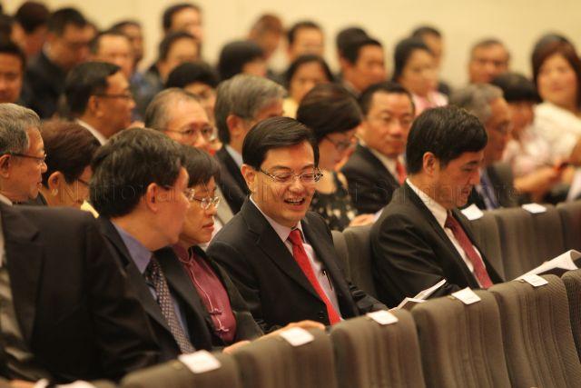 (Front row, from left) Minister for Transport Lui Tuck Yew, Mrs Lui, Minister for Education Heng Swee Keat and Senior Minister of State (Prime Minister's Office) Heng Chee How attending investiture of National Day awards at University Cultural Centre Hall, National University of Singapore in Kent Ridge