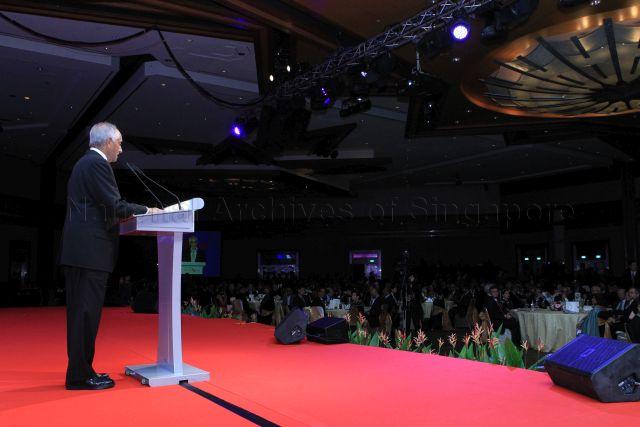 J Y Pillay, Chairman of Council of Presidential Advisers (CPA) and Member of the International Advisory Panel for The Encyclopedia of the Sri Lankan Diaspora, speaking during the Second South Asian Diaspora Convention Gala Dinner at Fairmont Hotel