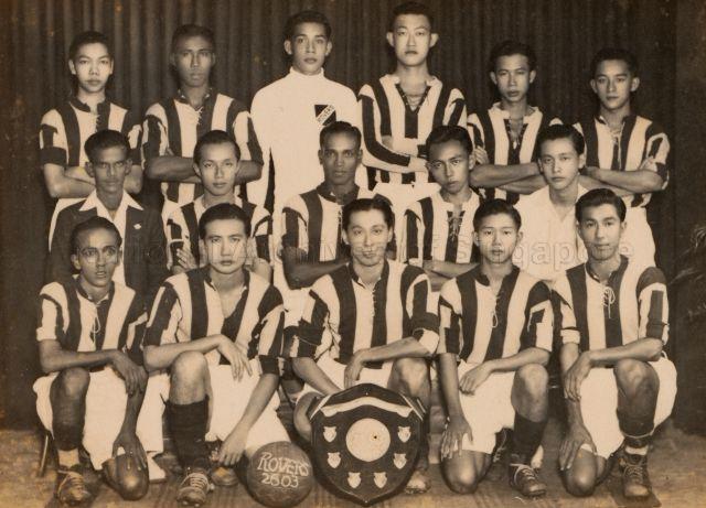 Group photograph of Pasir Panjang Rovers football team after winning the Alsagoff Shield in the S.S.A. Soccer League,1943 (or 2603 Japanese Occupation date). Chia Boon Leong is in the front row, second from the right. <br />