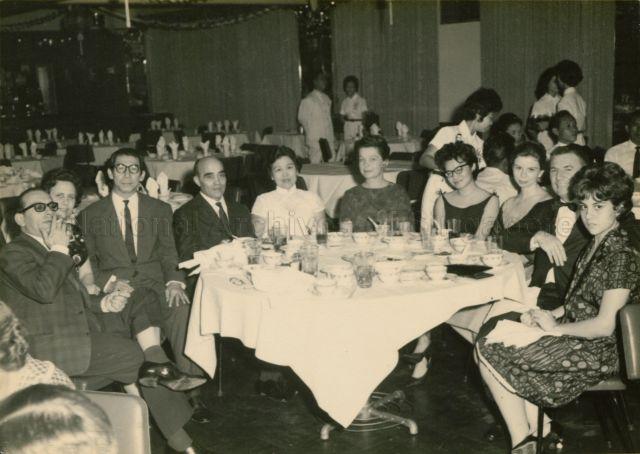 Dinner after concert by Franco Novello, Italian violinist. From left to right: Franco Novello, Wife of Italian consul, Goh Soon Tioe, Italian consul, Mrs Goh Soon Tioe, unknown, Miss Cheung Mun Chit (Singapore pianist) and the rest unknown.