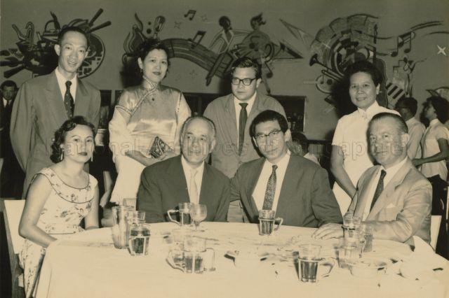 Seated from left: Mrs Ann Tan, Gaspar Cassado (Spanish cellist) and Goh Soon Tioe. Standing from left: Mr Wong, Mrs Goh Soon Tioe, German pianist and Mrs Lucien Wang (Singapore piano pedagogue, teacher of Ong Lip Tat).