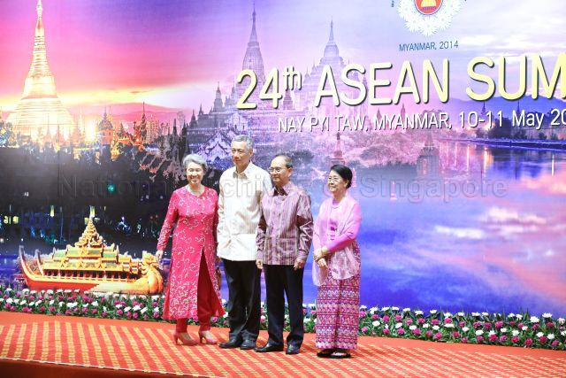 Prime Minister Lee Hsien Loong and wife Ho Ching with President of Myanmar and Chairman of ASEAN Thein Sein and wife Khin Khin Win, during welcome dinner of the 24th ASEAN Summit at Myanmar International Convention Centre in Nay Pyi Taw