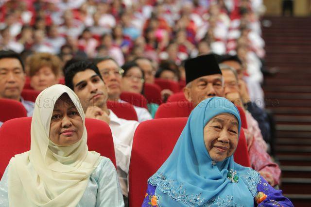 Puan Noor Aishah (right), widow of Singapore's first president Yusof Ishak, attending National Day Rally at the auditorium, Institute of Technical Education (ITE) headquarters and College Central in Ang Mo Kio